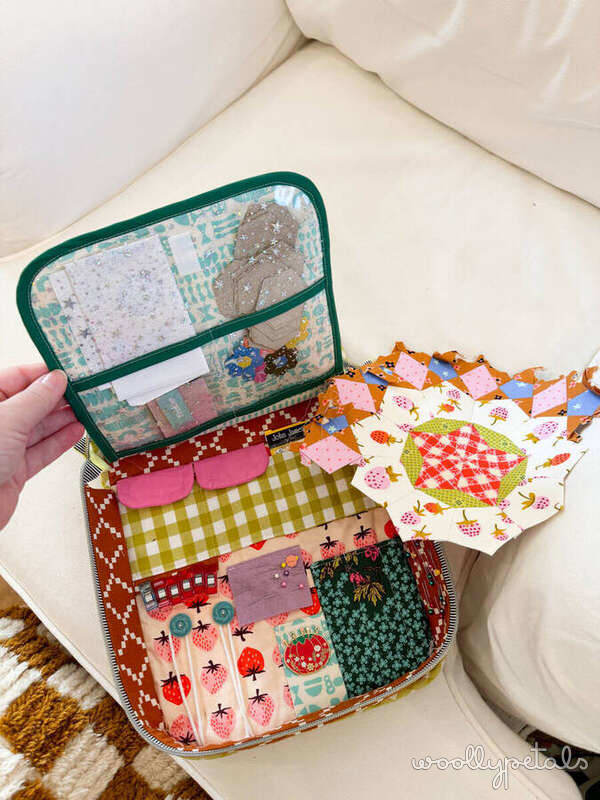 See Through Project Bag with colorful fabric scraps and supplies organized inside