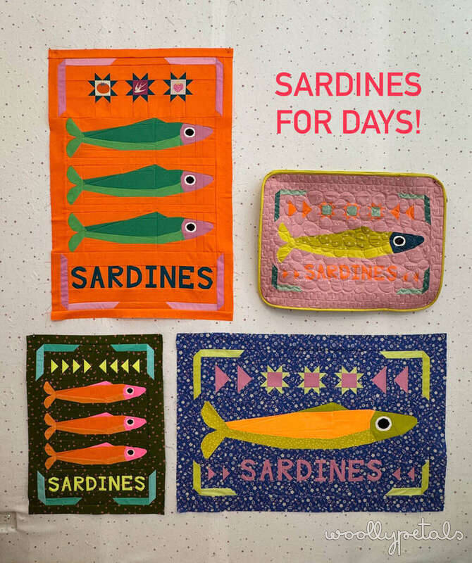 FPP Sardine Tin pattern showing four colorful quilted sardine designs