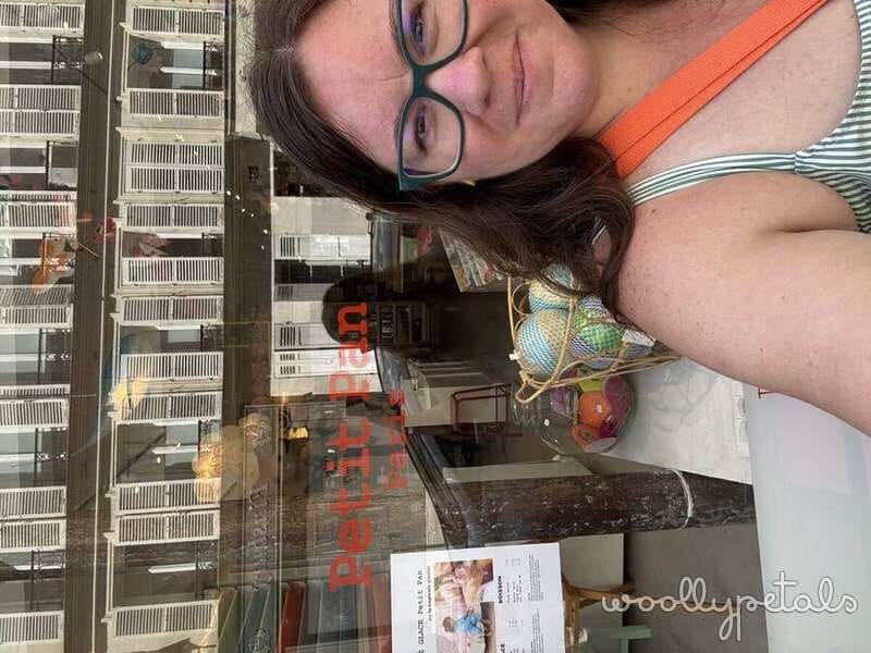 Kristin holding FPP Sardine Tin sewing pattern with fabric and supplies