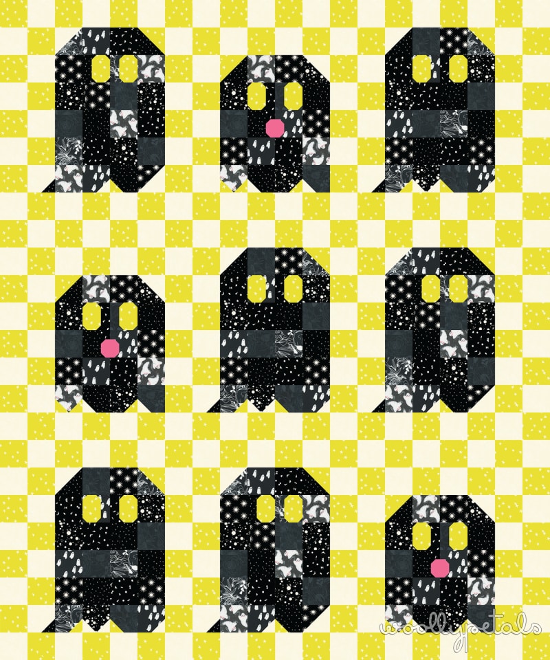 Woollypetals Ghost Party quilt pattern with black fabric blocks on yellow and white checkerboard background