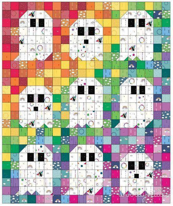 Woollypetals Ghost Party quilt with colorful fabric blocks and ghost appliqués