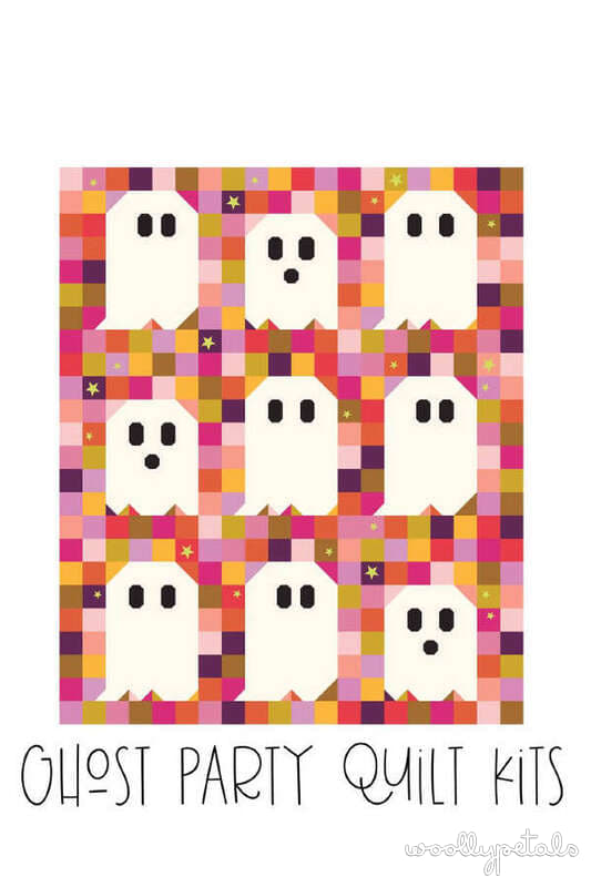Ghost Party quilt pattern with nine cream ghost blocks on colorful patchwork background