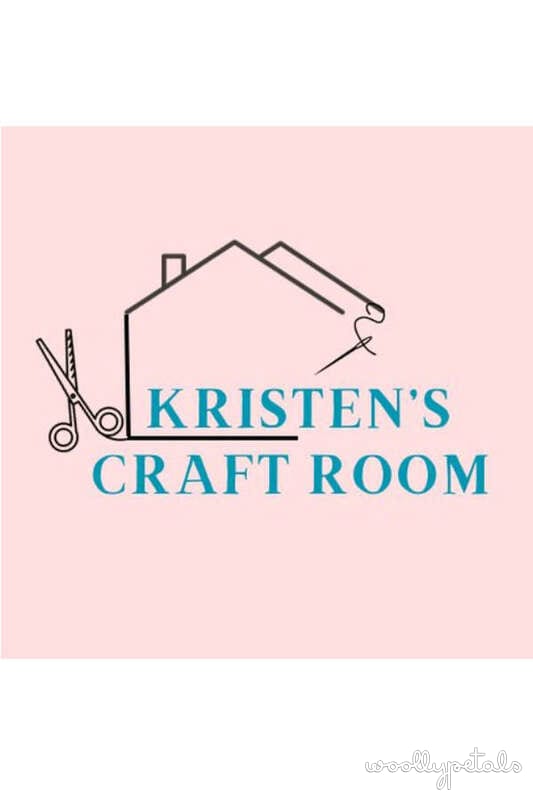 Kristen's Craft Room logo with house outline, scissors, and needle illustration on pink background
