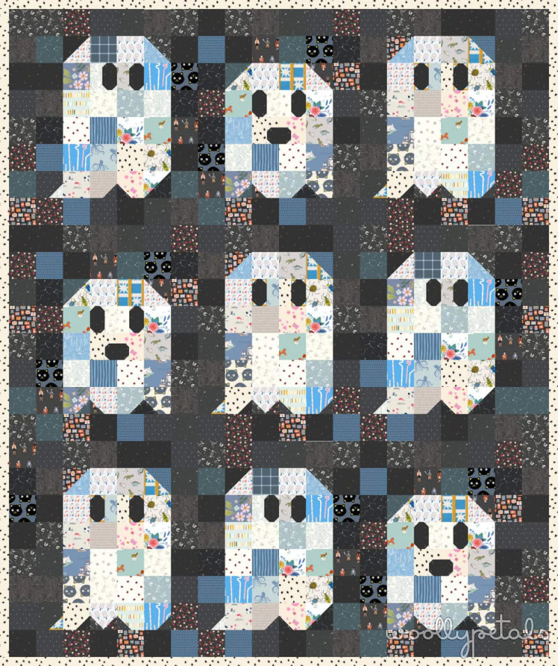 Woollypetals Ghost Party quilt in multi-colored patchwork fabrics
