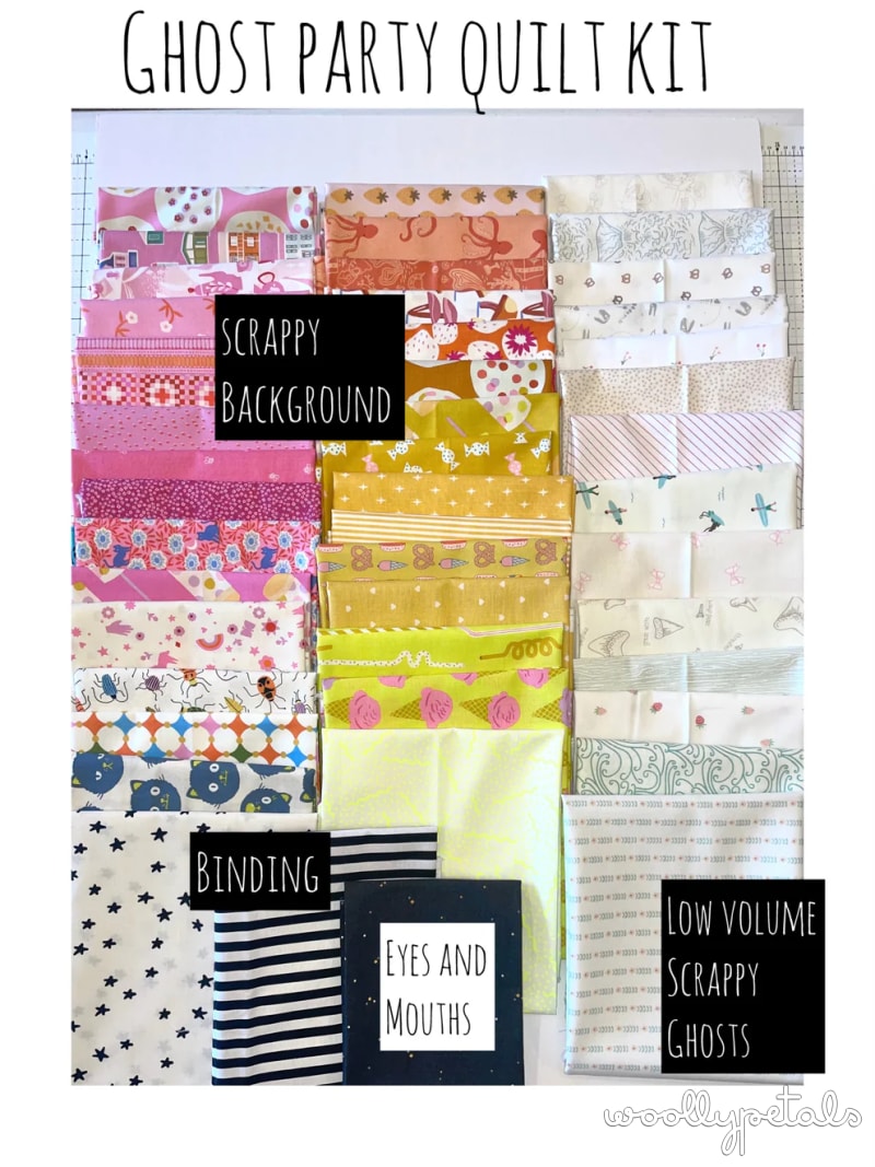 Ghost Party quilt kit fabric bundle with pink, orange, yellow, and cream colored cotton prints