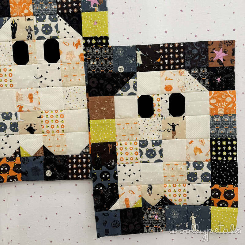 Woollypetals Ghost Party quilt with patchwork blocks in Halloween fabrics