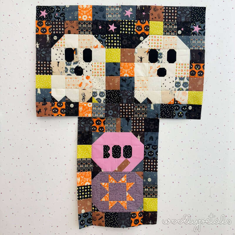 Woollypetals Ghost Party SAL Week 4 quilt with jACCK ghost and pumpkin blocks