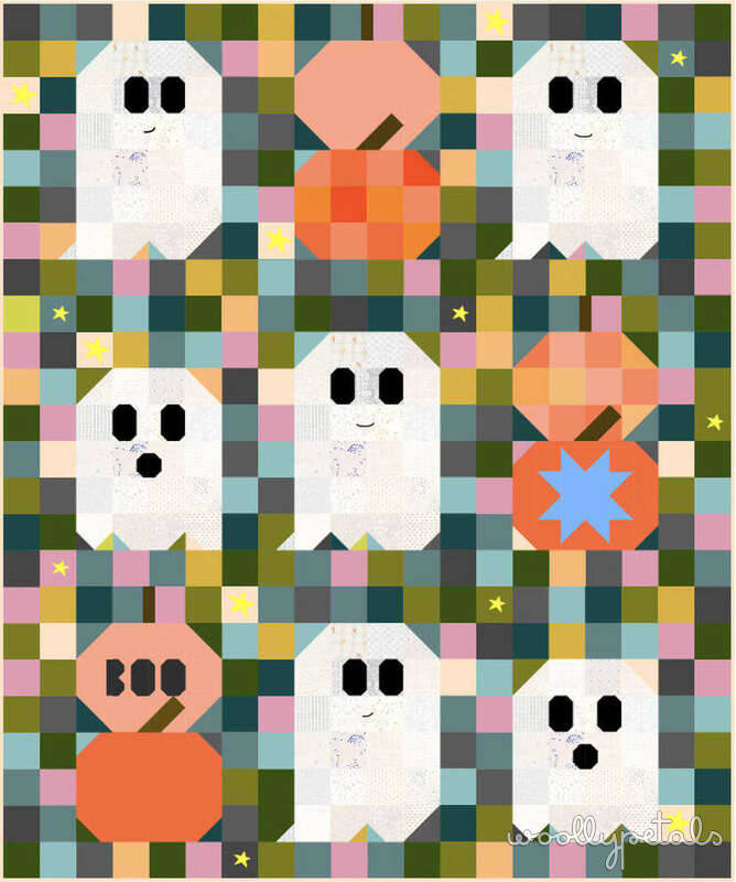 Woollypetals Ghost Party quilt with white ghost appliqués and colorful pumpkin blocks
