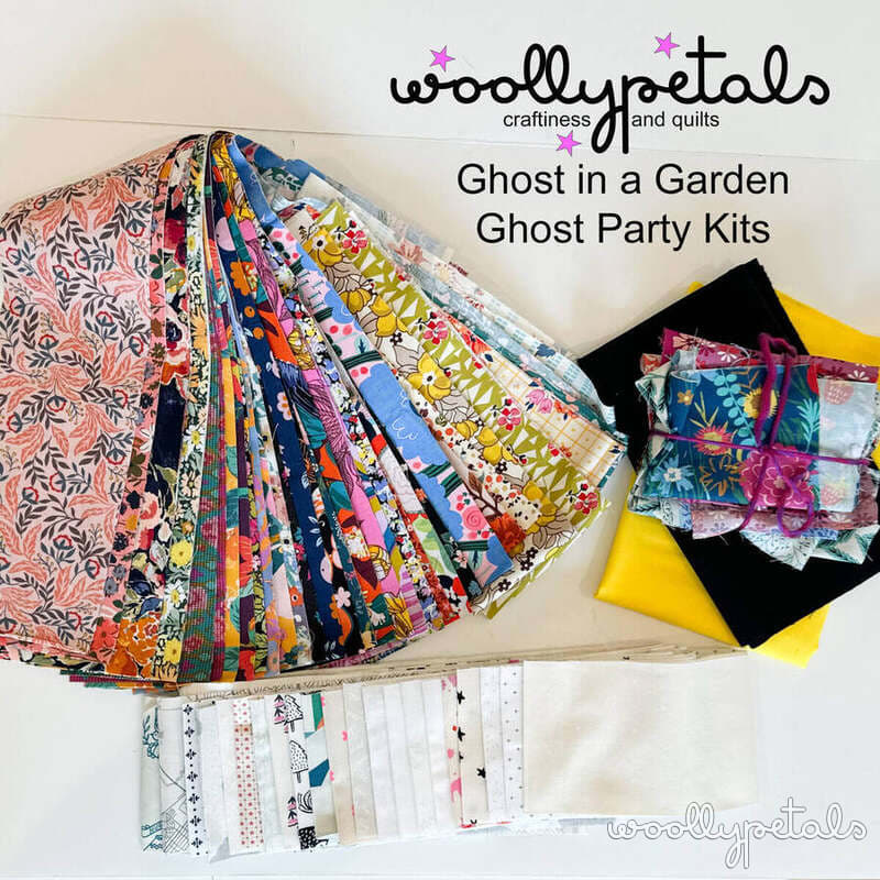 Woollypetals Ghost Party Kits with colorful fabric bundles and coordinating solids