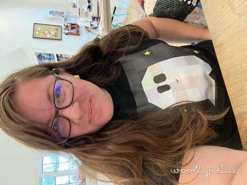 Woollypetals Ghost Party Sew Along 2025 quilt block on black fabric