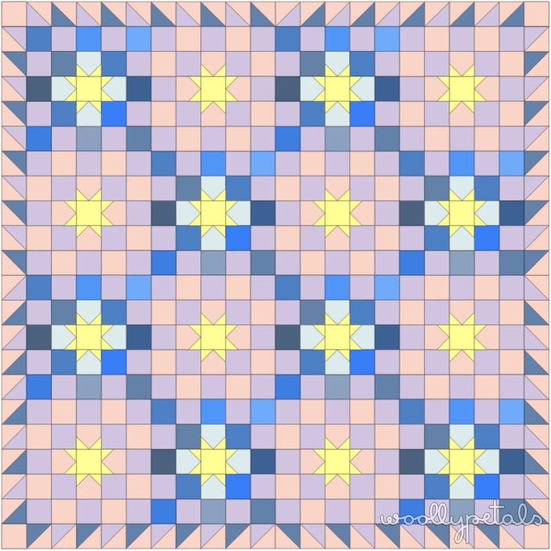 Woollypetals New Star Quilt in blue, yellow, and peach colors