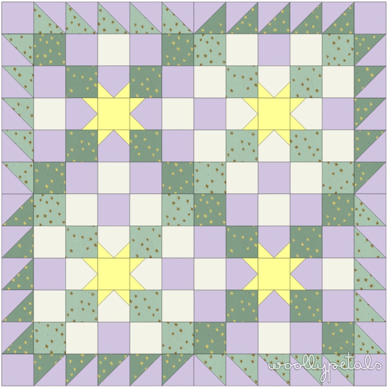 Woollypetals New Star Quilt in green, cream, and yellow with star blocks
