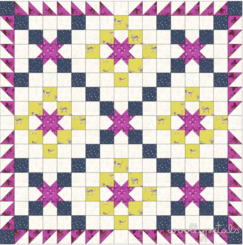 Woollypetals New Star Quilt in purple, yellow, navy, and cream fabrics