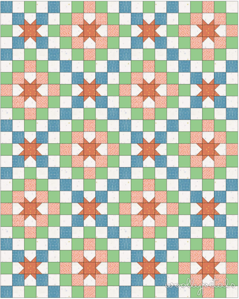 Woollypetals New Star Quilt in blue, green, coral, and cream fabrics