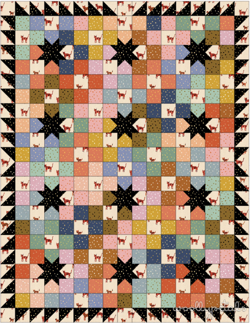 Woollypetals New Star Quilt in multicolored fabrics with black star blocks