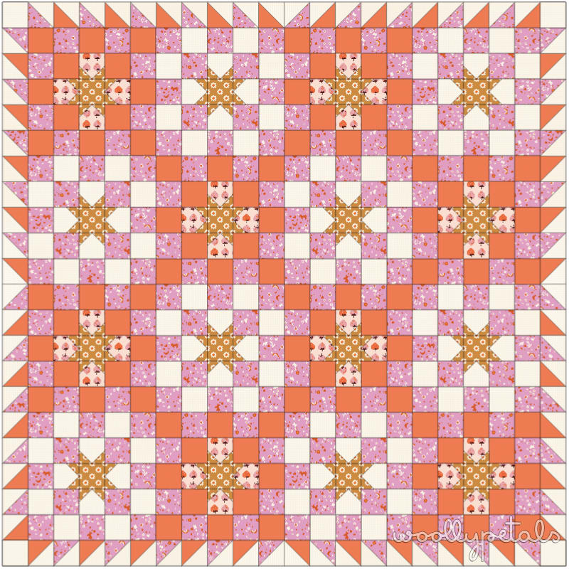 Woollypetals New Star Quilt in pink, orange, and cream fabrics