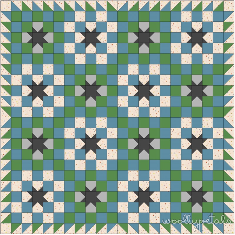 Woollypetals New Star Quilt in blue, green, and cream fabrics
