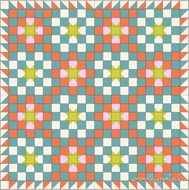 Woollypetals New Star Quilt in teal, coral, and yellow fabrics