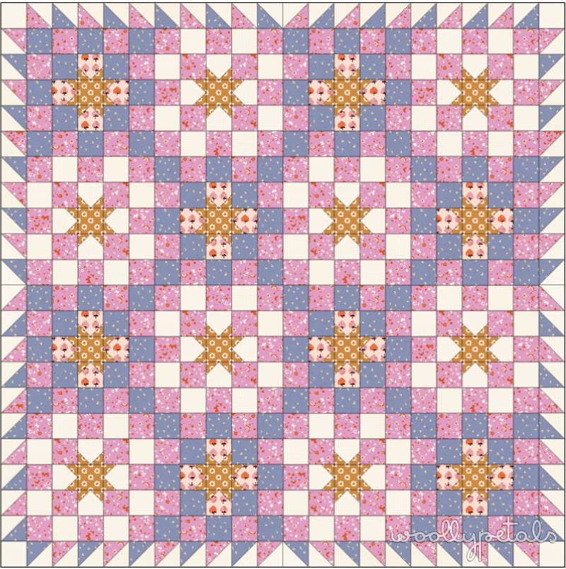 Woollypetals New Star Quilt in pink, blue, and cream fabrics with star blocks