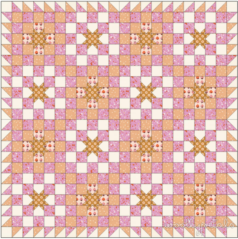 Woollypetals New Star Quilt in pink, tan, and cream fabrics with star blocks