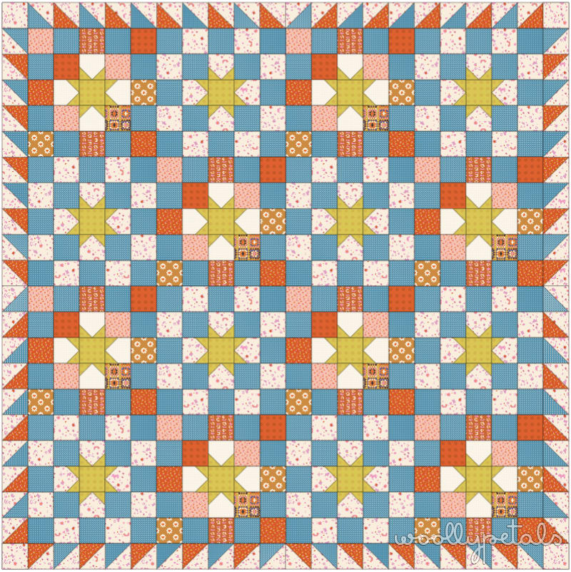 Woollypetals New Star Quilt in blue, orange, cream, and yellow fabrics