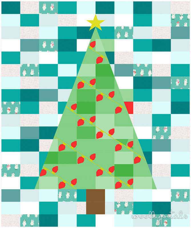 Woollypetals Oh Christmas Tree quilt pattern with green tree, red ornaments, and yellow star