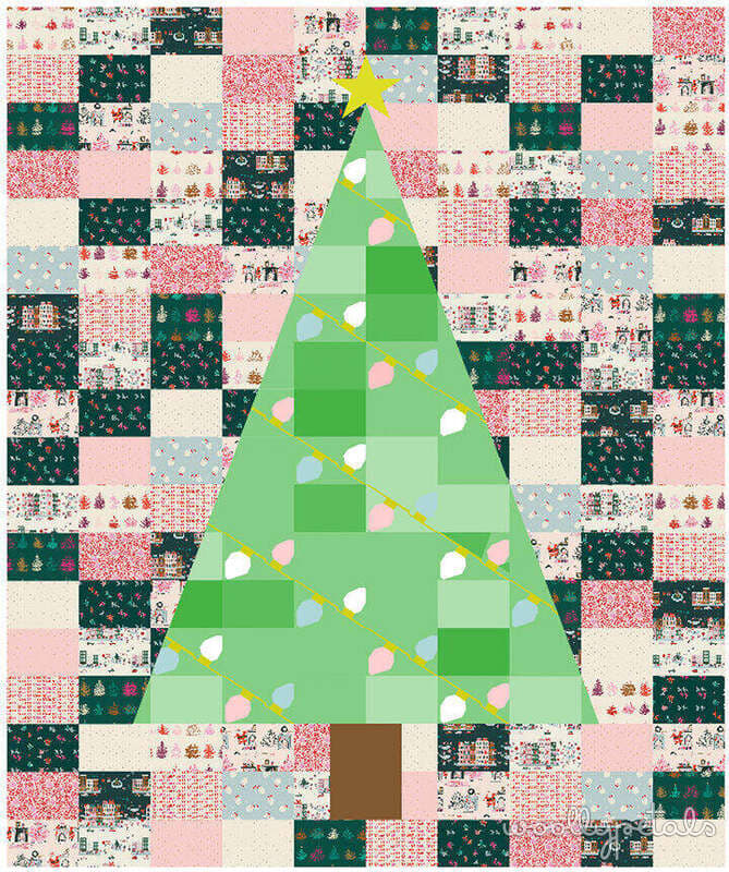 Woollypetals Oh Christmas Tree quilt pattern with green tree and fabric patchwork background