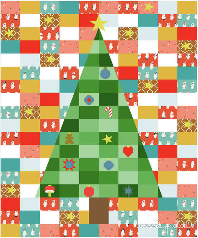 Woollypetals Oh Christmas Tree quilt with patchwork background and green tree with ornaments