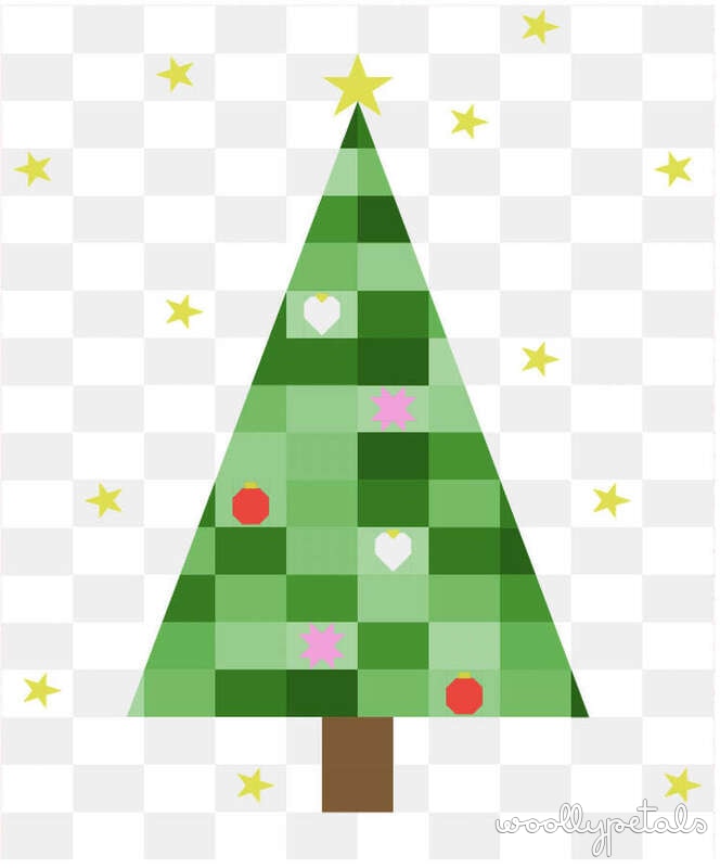 Woollypetals Oh Christmas Tree quilt pattern with ornaments and stars