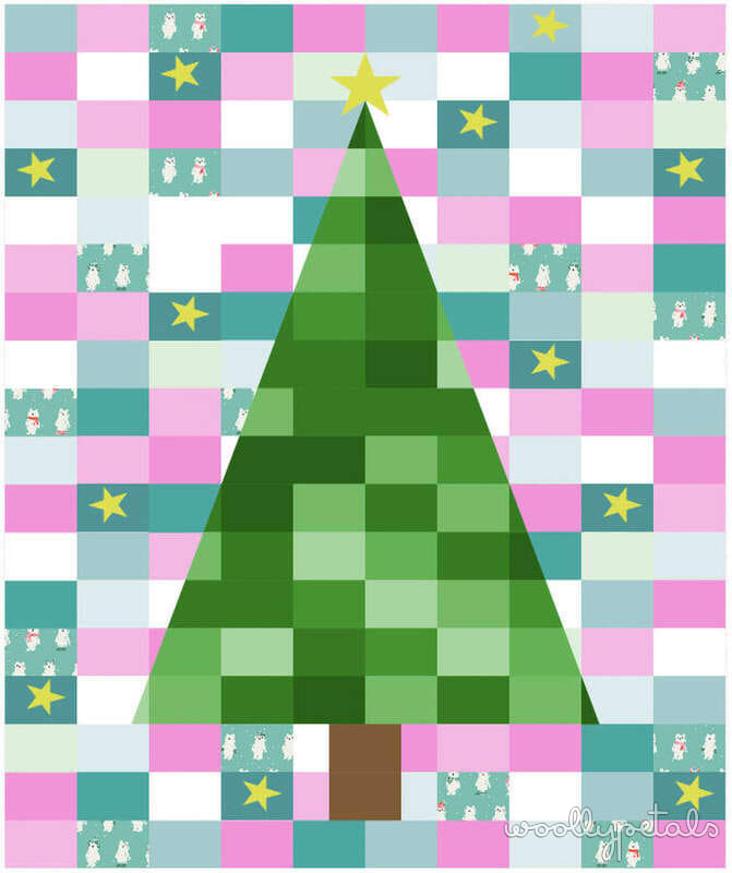 Woollypetals Oh Christmas Tree quilt pattern featuring a green tree with ornaments and stars