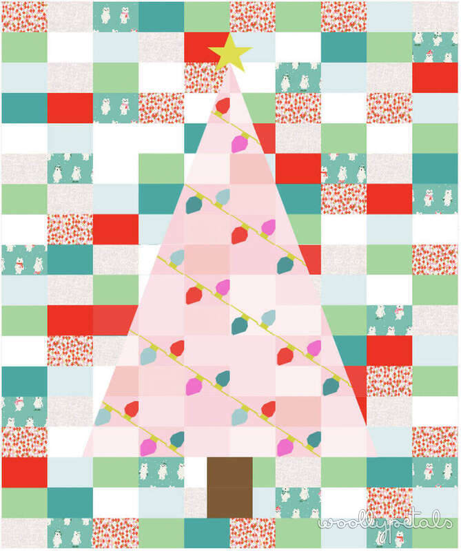 Woollypetals Oh Christmas Tree quilt with pink tree, colorful ornaments, and patchwork blocks