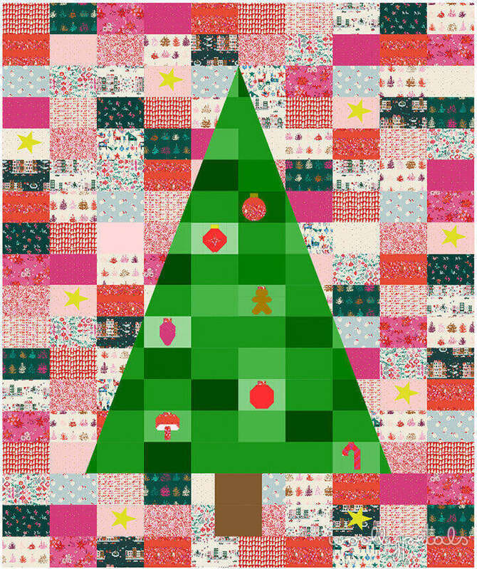 Woollypetals Oh Christmas Tree quilt with green tree, ornament blocks, and patchwork background
