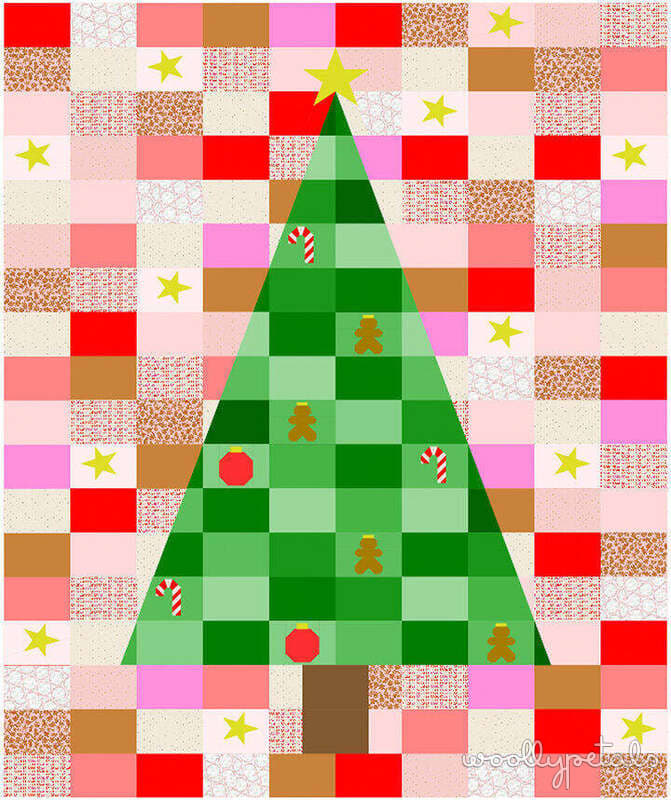 Woollypetals Oh Christmas Tree quilt with green tree, ornaments, and patchwork background