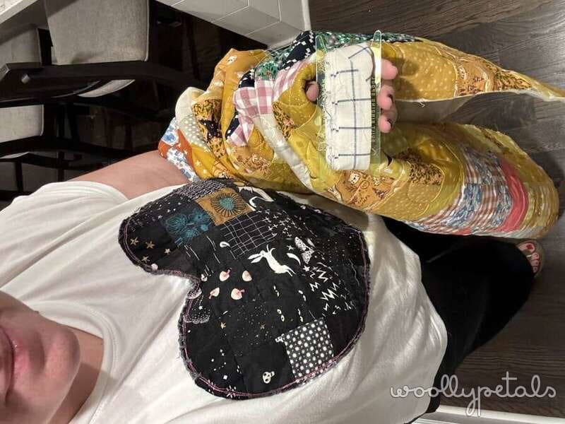 Woollypetals Quilty Shirt Tutorial with patchwork lemon and heart blocks on white shirt