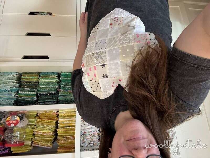 Woollypetals Quilty Shirt Tutorial showing patchwork heart block appliqué on dark shirt