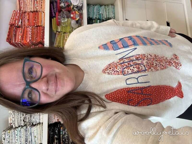 Woollypetals Quilty Shirt Tutorial with fish appliqué designs on cream sweatshirt