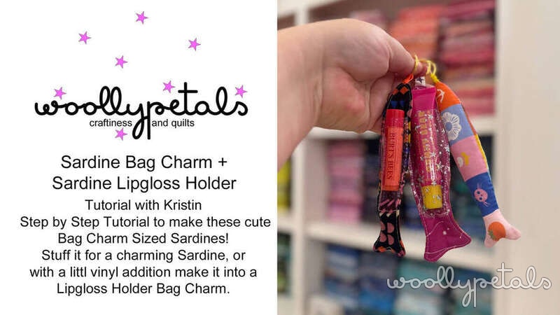 Woollypetals Sardine Bag Charm tutorial showing colorful fabric sardines with ribbon attachment
