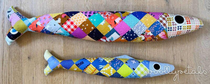 Woollypetals Sardine Pillow in two sizes with colorful patchwork fabrics