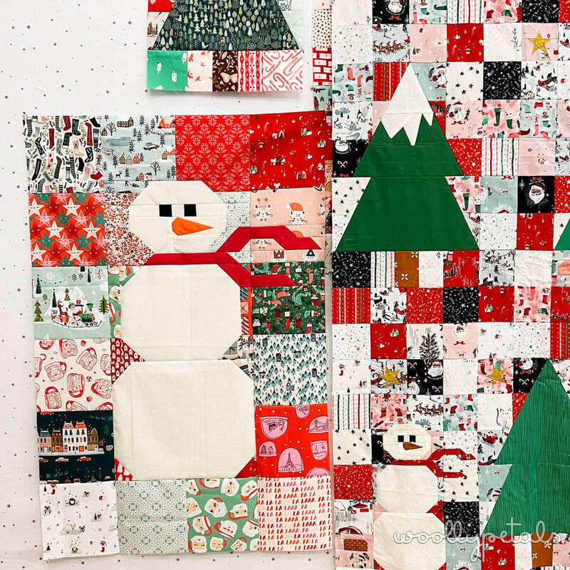 Christmas snowman and tree quilt blocks made from festive fabric squares
