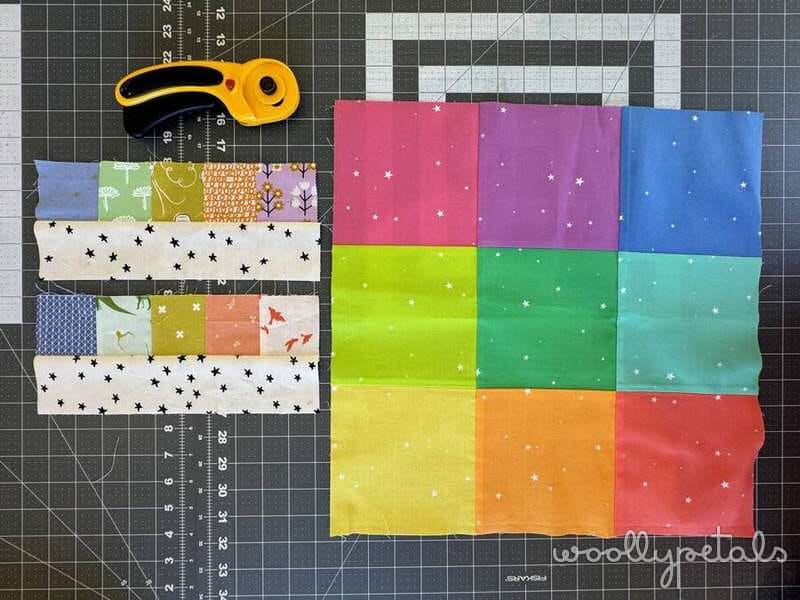 Scant 1/4 inch seam allowance tutorial with colorful fabric strips and star squares