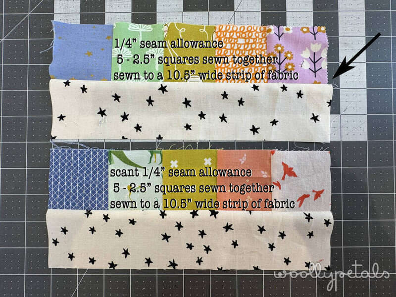 Scant 1/4 inch seam allowance tutorial showing fabric strips sewn with different seam widths