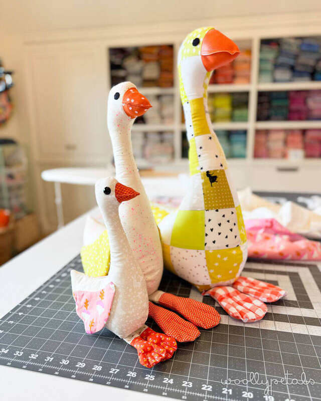 Woollypetals Silly Goose Pattern stuffed geese in yellow and orange fabrics