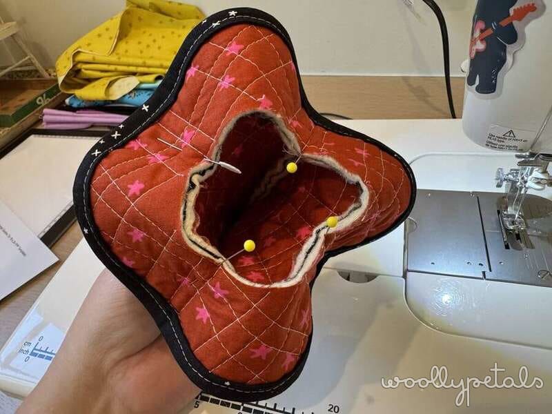 Woollypetals Silly Goose Witch Hat in orange quilted fabric with pink details