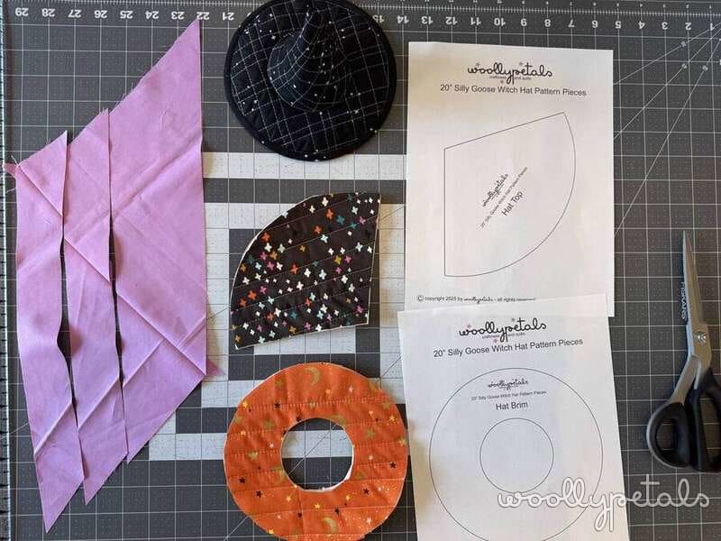Woollypetals Silly Goose Witch Hat Tutorial supplies and pattern pieces on cutting mat