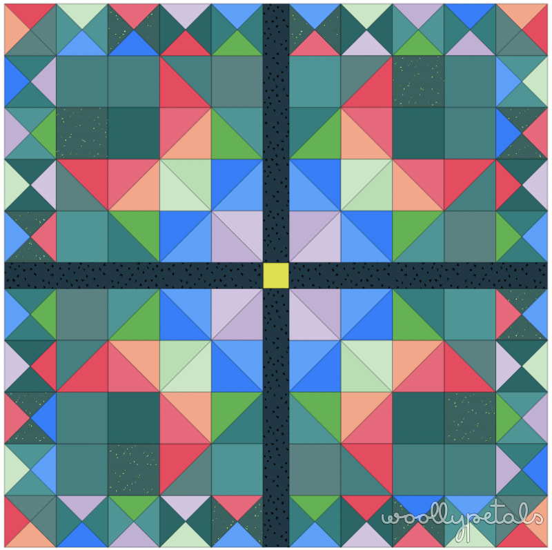 Woollypetals Starfy quilt pattern featuring a giant sawtooth star with colorful prismatic blocks
