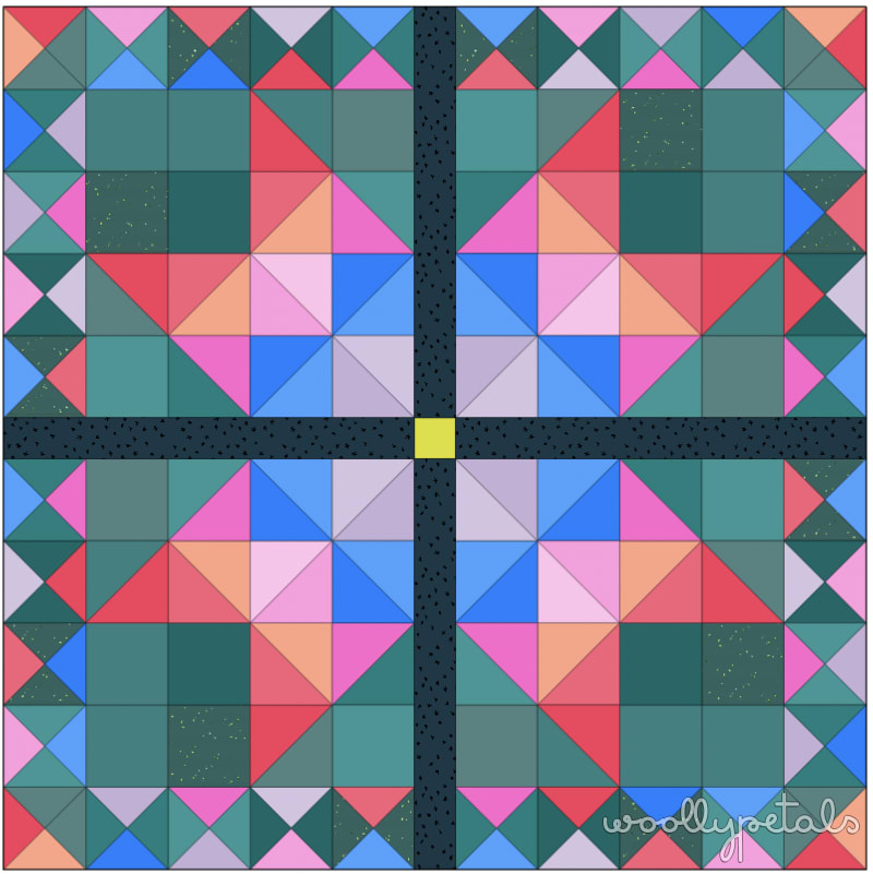 Woollypetals Starfy quilt pattern with prismatic sawtooth star and HST border