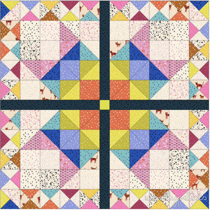 Woollypetals Starfy Giant Sawtooth Star quilt in colorful patchwork with dark border