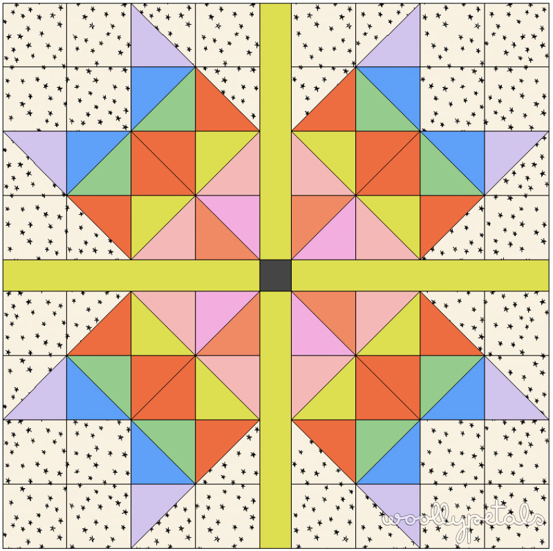 Woollypetals Starfy quilt with giant prismatic sawtooth star and multiple borders