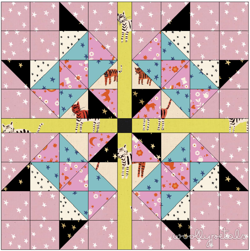 Woollypetals Starfy quilt with sawtooth star and HST border in pink, blue, and black fabrics