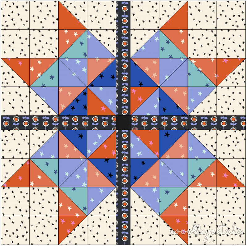 Woollypetals Starfy quilt with prismatic sawtooth star and floral border